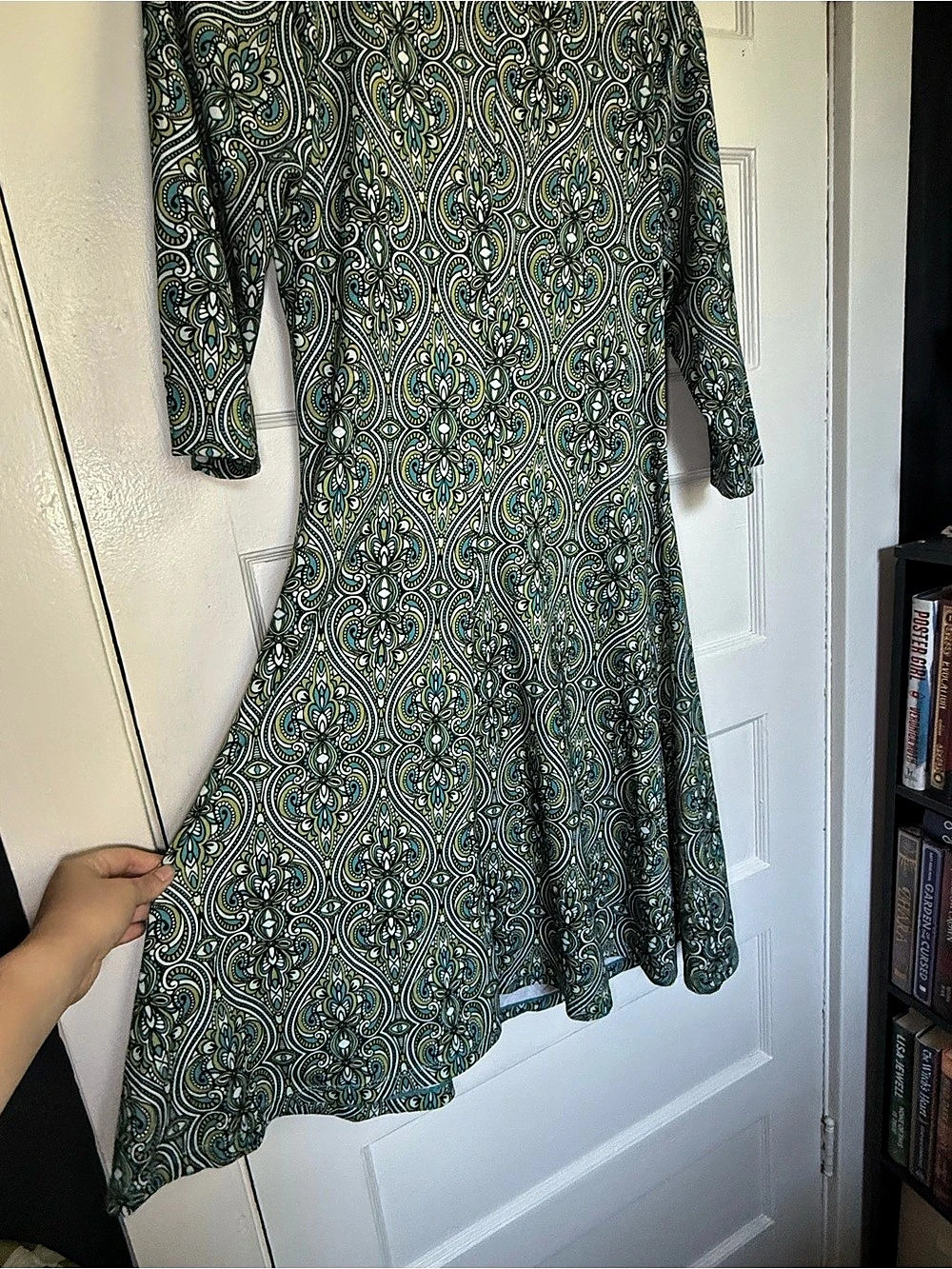 prAna Nadia Veeda V-Neck Faux Wrap 3/4 Sleeve Paisley Midi Dress Green & Blue XL - Picture 13 of 13